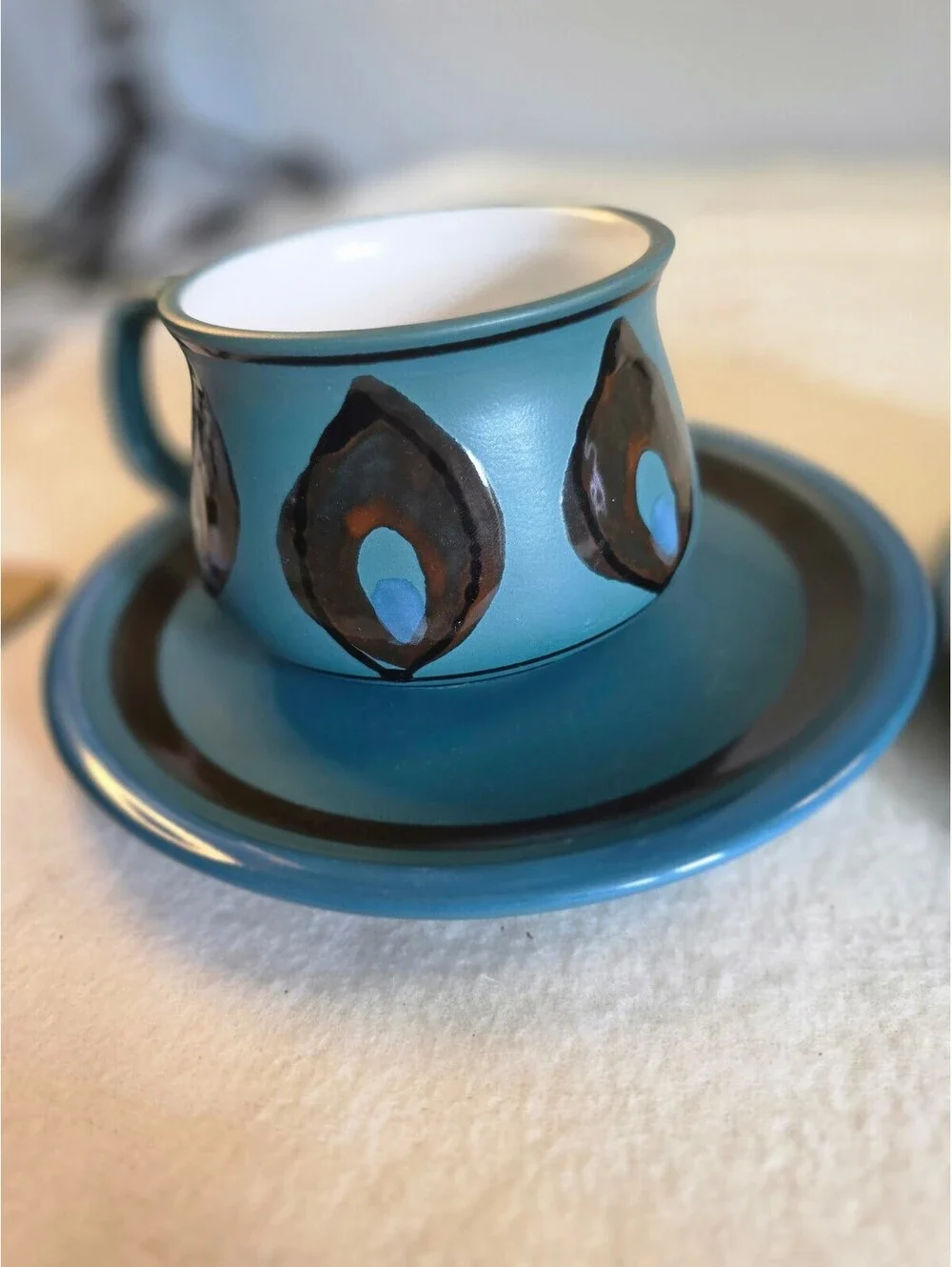 Vintage Jonas Roberts Stoneware Teal Blue Cup Saucer Set of 2 Mid Century